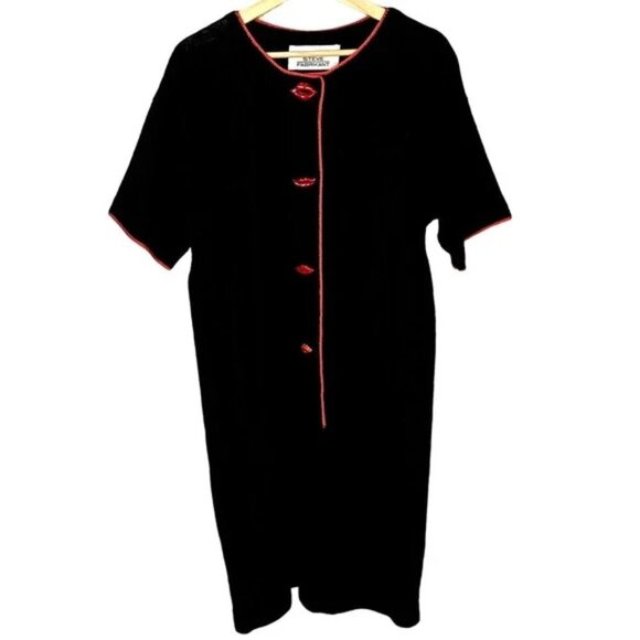Steve Fabrikant Red Lips Funky Vintage Black Wool Short Sleeve Midi Dress SZ 10 - Picture 2 of 15